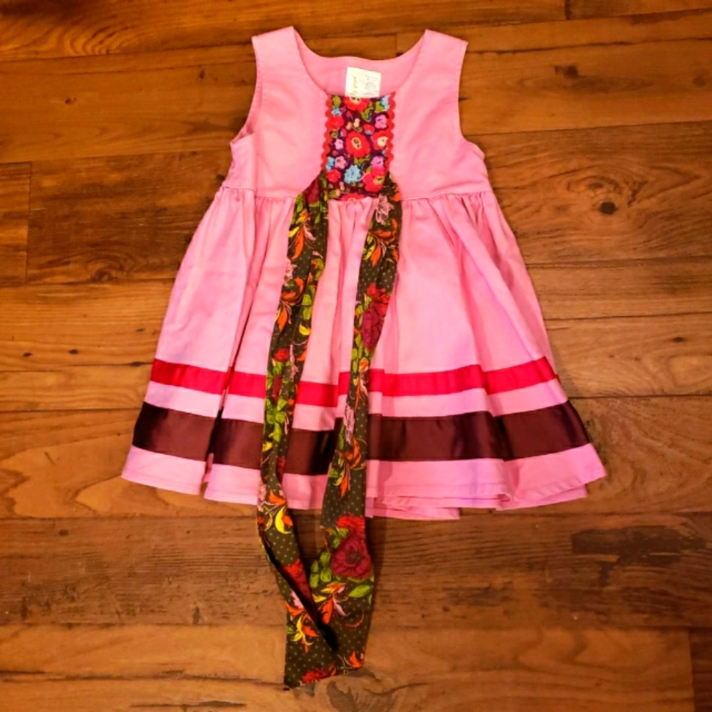 Matilda Jane Girls Pink Dress‎ Floral Applique Ribbon Detail Sleeveless